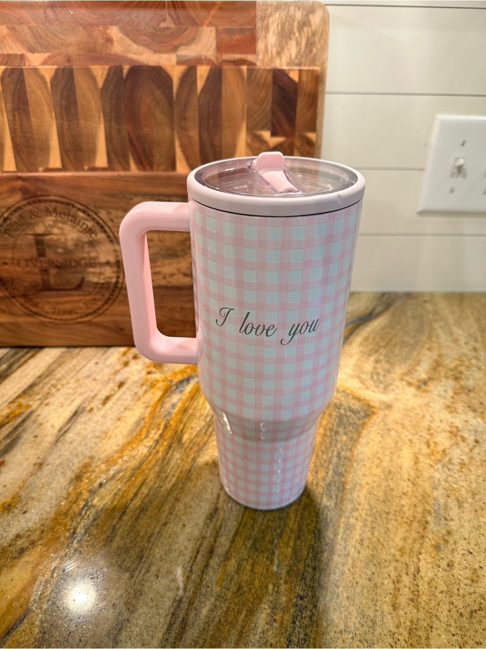 Pink Gingham Travel HydroJug- "I love you"